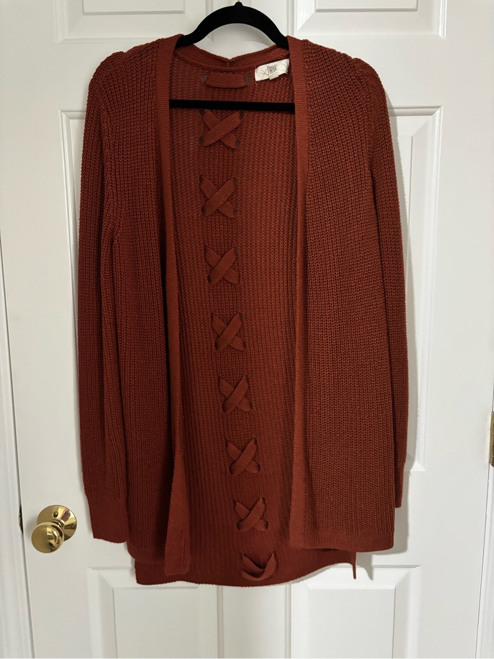 Open-Front Knit Cardigan with Cross-Stitch Detail - Rust
